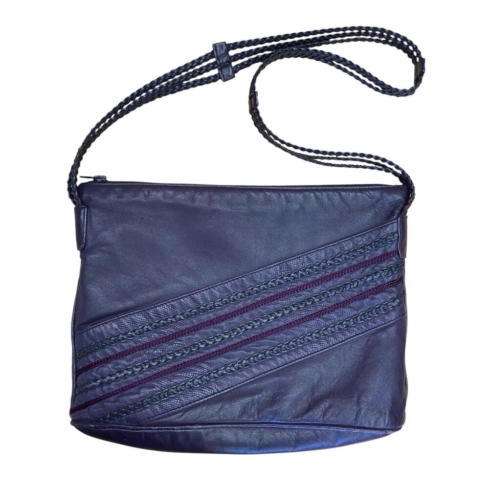 1990s Vintage Plum Leather Braided Strap Shoulder Bag